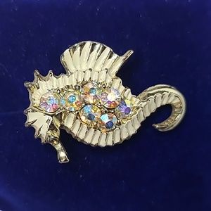 Vintage Rare Fashion Seahorse Pin / Brooch Hand-Painted Rhinestones